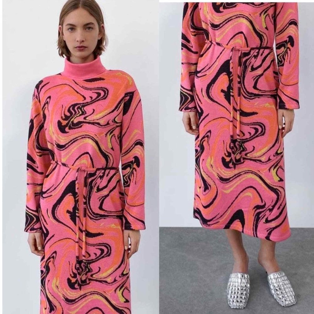 Zara Belted Jacquard Knit Sweater Midi Dress Pink Sz Small NWT - Picture 13 of 16